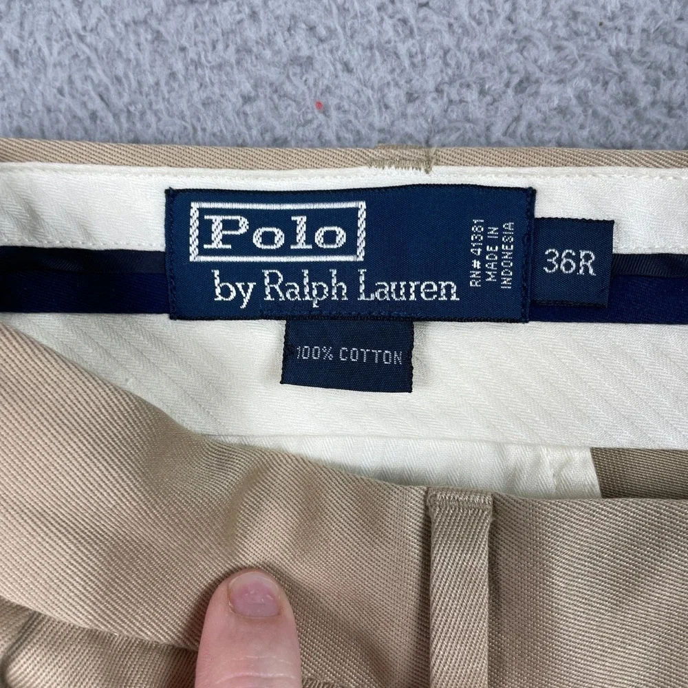 VTG Polo Ralph Lauren Double Pleated Chino Pants Mens 36R (Fits 34x31) Tan Khaki - Picture 5 of 9
